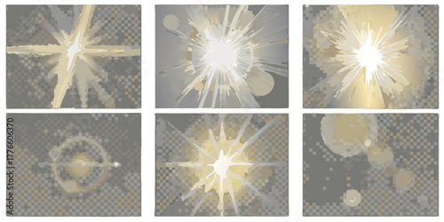 Six abstract glowing light bursts and lens flares in various styles and colors on a checkered background