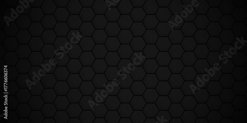 Emboss web hexagonal black technology line paper background. Hexagonal grid tile mosaic structure mess cell design. black hexagon honeycomb football geometric copy space business texture.	
