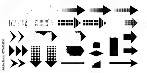Collection of diverse black arrow shapes and directional symbols with textured and patterned designs on white background