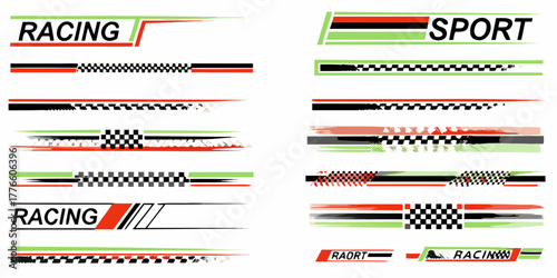 Collection of racing and sport graphic elements with checkered flags and brush strokes
