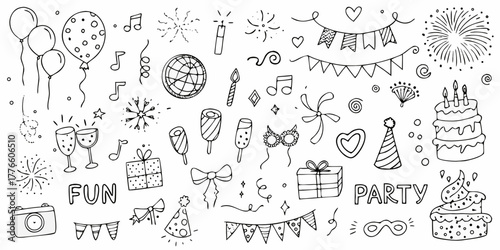 Collection of hand drawn party elements including balloons cake gifts and decorations for celebrations
