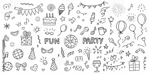 Collection of hand drawn doodle elements for birthday party celebration and fun events