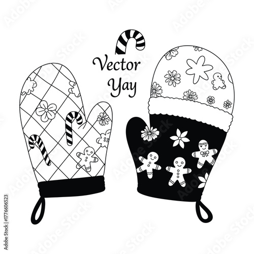 Cute oven mitts with candy cane and gingerbread motifs in minimalist black and white vector silhouette style