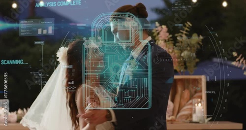 Wedding tech overlay scanning and functioning over couple tracking dance steps under lights