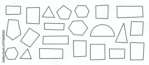 Collection of hand-drawn geometric shapes and basic forms in various sizes and orientations.