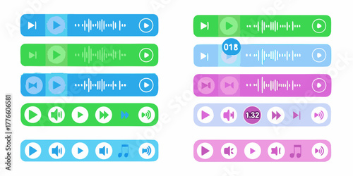 Collection of colorful audio player interfaces with waveform and playback controls