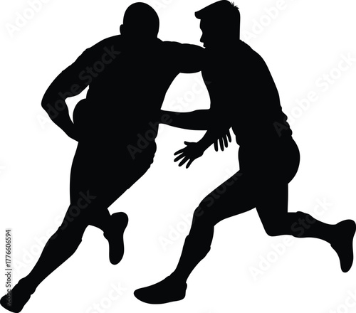 Silhouette of two rugby players in action during a tackle and run on a white background