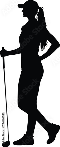 Silhouette of a confident woman golfer with a club and a baseball cap