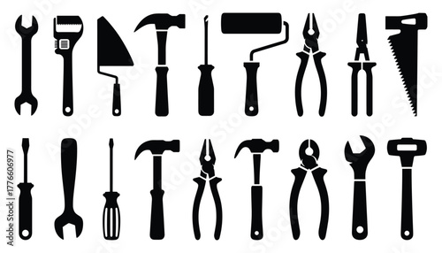 Collection of assorted tools and instruments for repair and construction, black silhouette