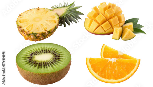 Fototapeta Naklejka Na Ścianę i Meble -  Tropical fruits sliced and diced isolated on a transparent background