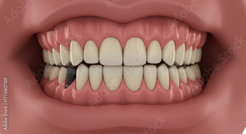 Close up of a human mouth showing healthy teeth with one tooth showing a cavity and decay