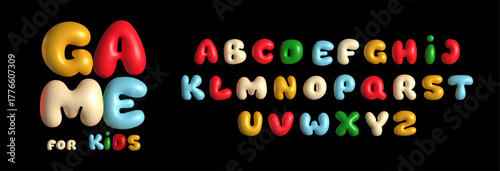 Playful plasticine alphabet font. Chewing gum letters, joyful bubble typography for kids logos. Funky cartoon typeface for birthday invitations. 3D vector illustration collection