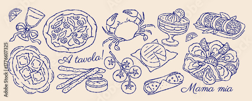 Vintage naive Italian food doodle. Set of sketches with pizza, mozzarella, seafood, ravioli, and fresh vegetables. Dolce vita. Hand drawn vector illustration collection