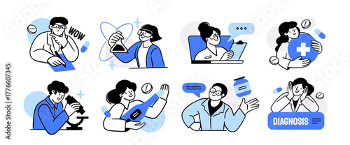 Medicine and healthcare. Set of doctors, scientists, pharmacists conducting research, laboratory tests, diagnosis, and treatment of patients. Flat vector illustration collection