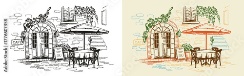 City cafe in old town. Color and black and white sketch of cozy cafe table under umbrella on street of old Italian or European city. Hand drawn doodle vector illustration