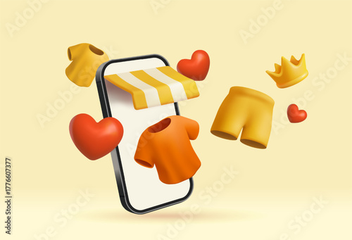 Online shopping and e commerce. Advertising banner with clothes, hearts, and emojis flying out of online store on smartphone screen. 3D cartoon vector illustration