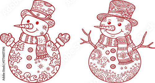Intricate decorative snowman illustration, festive winter holiday design, ornamental Christmas art, detailed doodle snowmen, seasonal celebration vector, red outline drawing
