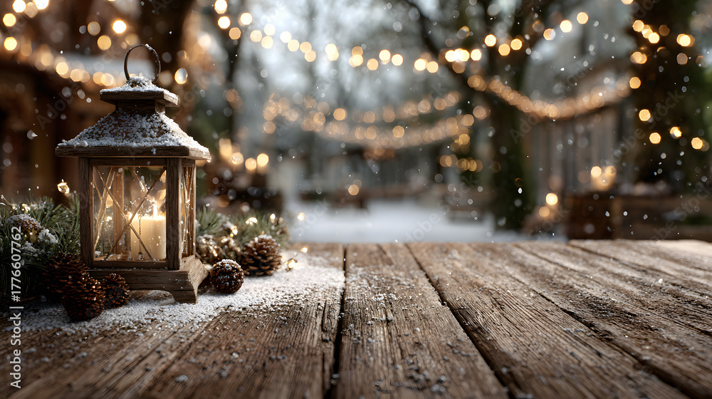 Fototapeta premium Weihnachten Holz und Schnee Hintergrund, verziert mit einer Laterne und Weihnachtsdeko