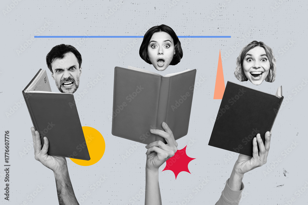Naklejka premium Full banner image 3d collage of shocked angry happy girls man head face expression peek bodyless book encyclopedia reader hand