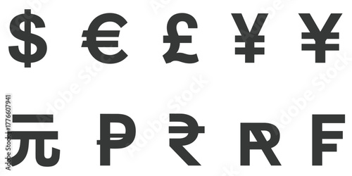 Collection of global currency symbols dollar euro pound yen yuan peso rupee rand franc flat design vector
