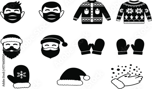Winter icons, Santa faces, festive sweaters, mittens, snowflakes, holiday symbols, black and white vector, seasonal design, Christmas elements