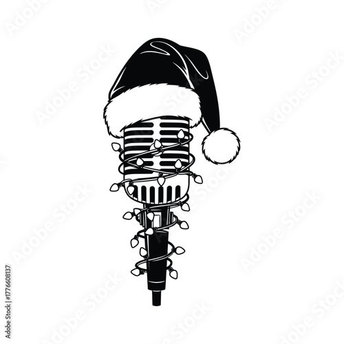 Microphone with Santa hat and Christmas lights wrapped around it in festive black and white vector silhouette style