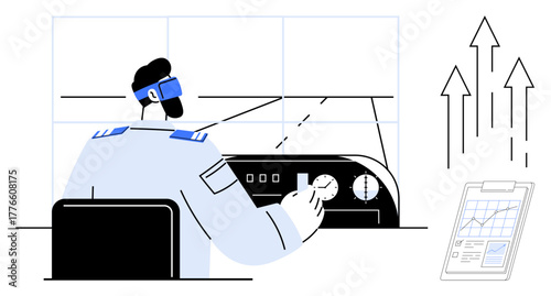 Pilot in uniform adjusts aircraft controls in simulator with charts and upward arrows signifying progress, performance, aerospace, aviation, teamwork, data, and training. Ideal for innovation