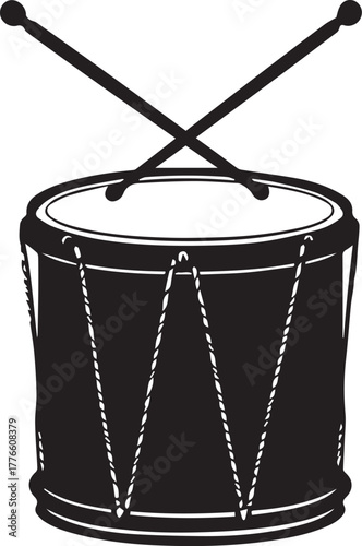 Drum with crossed drumsticks silhouette — black and white illustration of cylindrical percussion instrument with rope tension