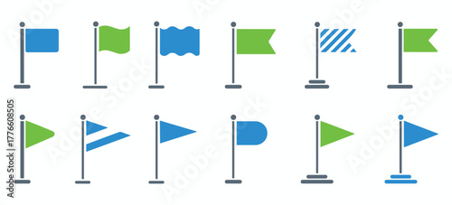 Collection of modern flat vector flag icons in blue and green, displayed on poles