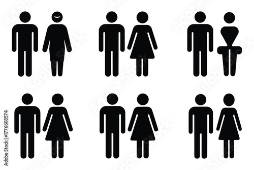 Diverse pair icon set showing different body types and relationships in silhouette style.