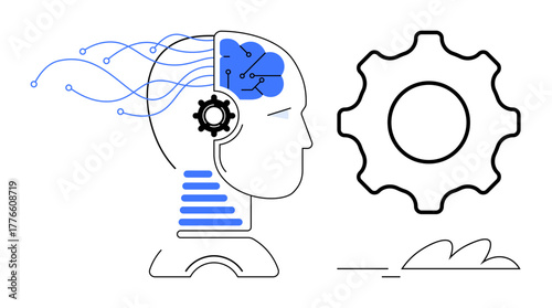 Head silhouette with neural patterns and gear showcasing synergy of human intellect and AI. Ideal for technology, AI, innovation, automation, machine learning, robotics, digital concept. Simple flat