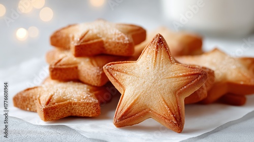 Close-up of star-shaped sugar cookies arranged on a white surface, showcasing their golden-brown edges and sugary texture, perfect for festive celebrations and culinary delights