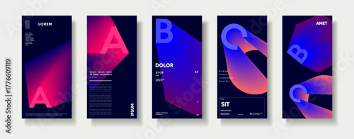 Wallpaper Mural large letters and geometric shapes, A set of five modern abstract posters featuring vibrant gradient shapes. Each design incorporates minimalist typography and geometric elements Torontodigital.ca