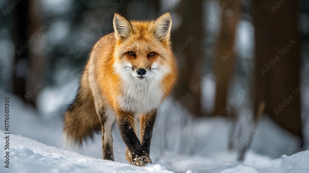 Fototapeta premium A red fox walking through the snow covered ground with trees in the background during the winter season