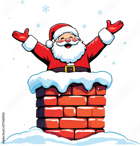 Santa Claus in chimney silhouette — black and white illustration of cheerful Santa with snowflakes, bricks, and winter joy