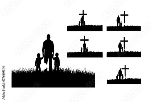 Resurrection of Easter Sunday Concept — Silhouettes of Father and Son Looking Toward the Cross on a Meadow at Sunrise, Symbolizing Faith, Hope, and Renewal