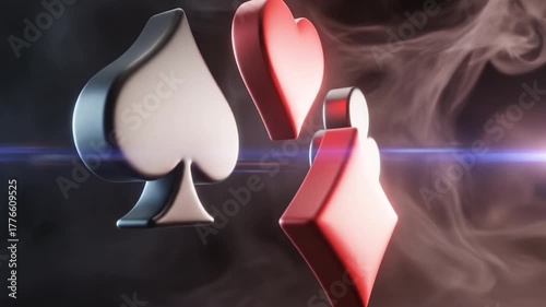 Dynamic 3D Playing Card Symbols with Smoky Background Spade, Heart, and Diamond Shapes Create Captivating Gaming Design and Visual Excitement with Contrasting Colors and Shapes