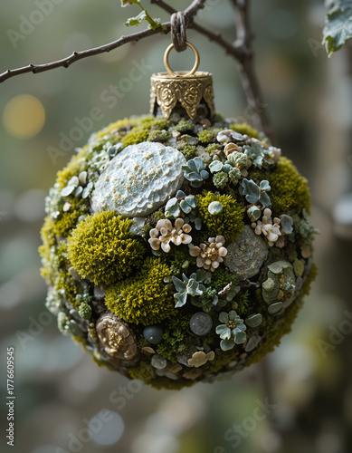 Decorative moss ball ornament with flowers hanging from a branch in a serene natural environment