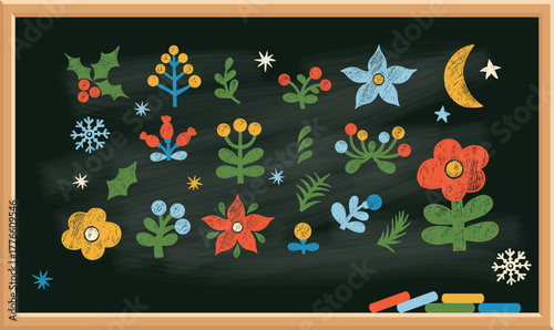 Chalk School Board with Crayon Flower. Folk Floral Elements set. Christmas poinsettia, holly, plant and Berries. Isolated Bright Textured Hand Drawing doodles. Primitive vector illustration. Not AI