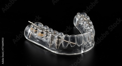 Clear dental mouthguard with metal pins for orthodontic treatment and jaw stabilization