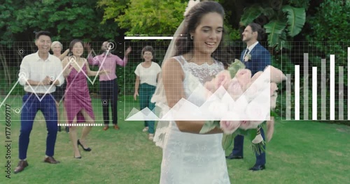 Bride tossing bouquet triggers guests catching bouquet and hugging bride for wedding tradition