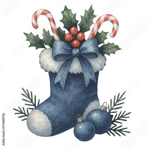 PNG Watercolor blue Christmas stocking with candy canes and holly