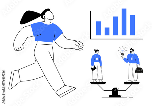 Confident individual striding forward, balanced scales with two characters exchanging ideas, and a bar graph. Ideal for teamwork, growth, equality, leadership, innovation stability success. Simple