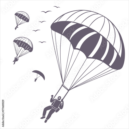 Vector illustration of parachutists gliding in the sky with open parachutes and birds flying around — adventure, freedom, and outdoor sport concept.