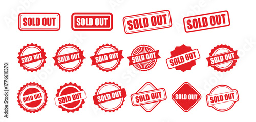 Collection of red rubber stamp and seal graphics illustrating the phrase 'sold out'