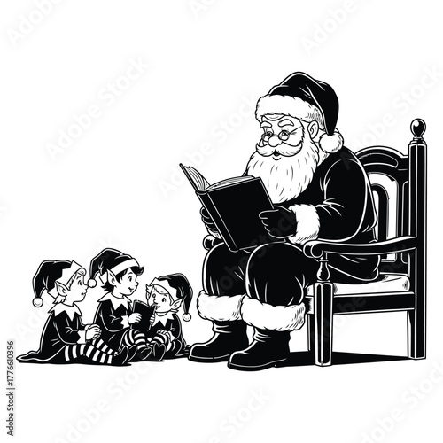 Santa reading a bedtime story to elves in cozy black and white vector silhouette style