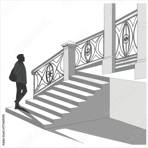 Minimal vector illustration of a person standing by elegant stairs with ornate railing, symbolizing progress, ambition, and moving forward in life.