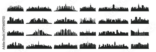 Diverse city skyline silhouettes collection, representing urban development and modern architecture.