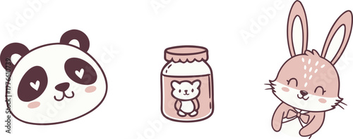 Delightful cartoon panda, bunny, and teddy bear in jars, perfect for baby shower invitations, nursery decor, or children's book illustrations with whimsical charm