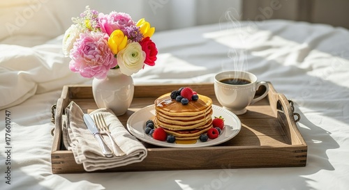 Mother’s Day Breakfast – Pancakes and Flowers in Gentle Morning Light